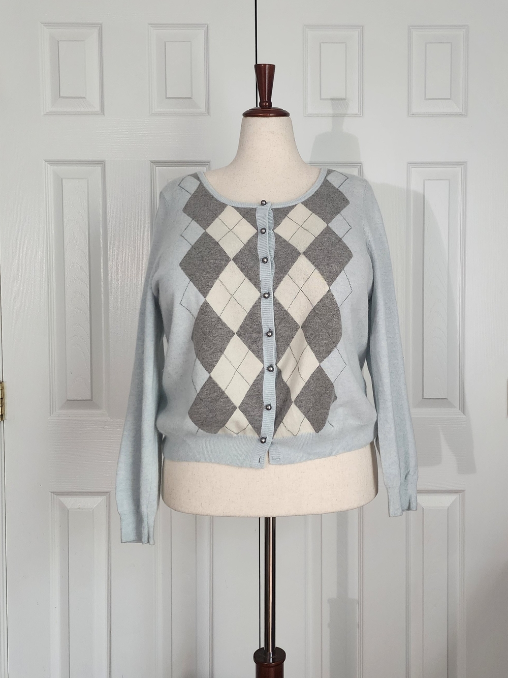 Lamb Wool Light Blue Argyle Button-Front Women's Sweater Cardigan
